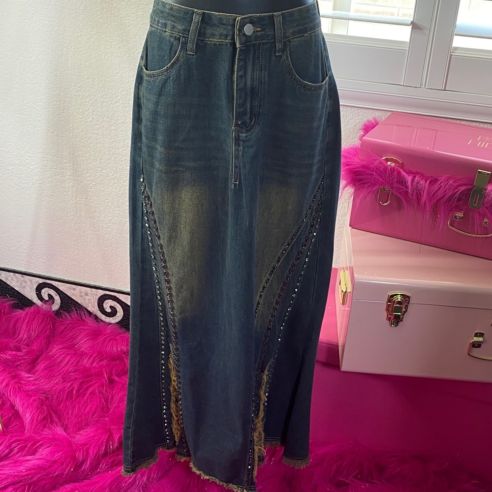 Denim Maxi Skirt with Embellished Details